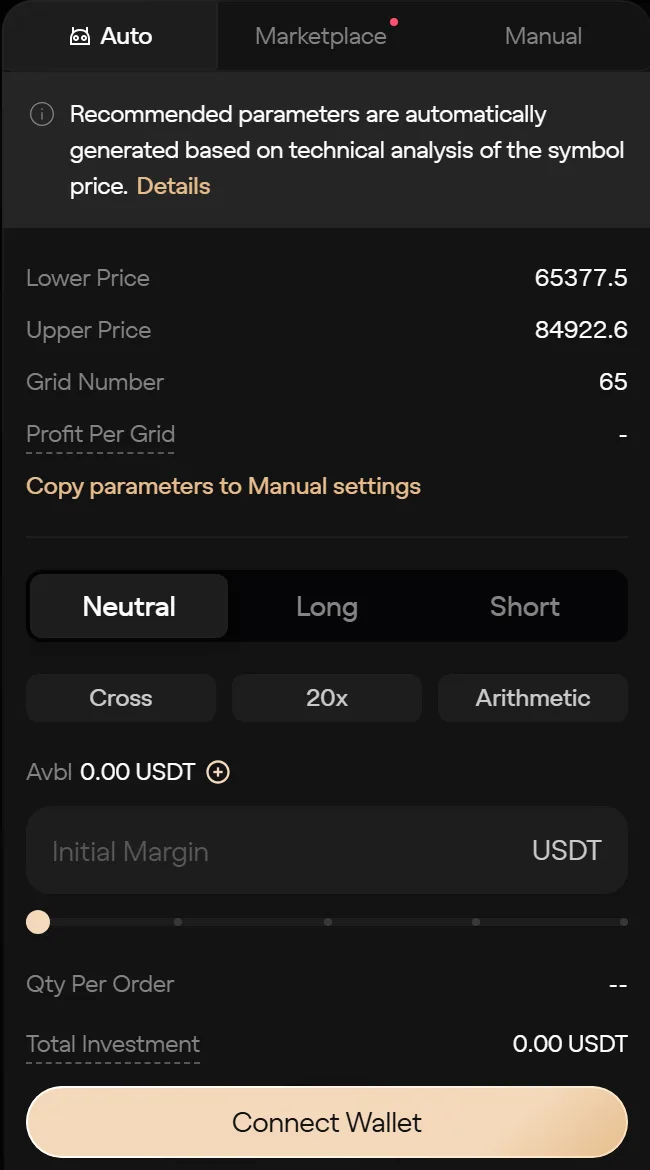 Aster grid setup panel on the Auto tab, showing recommended lower price, upper price and grid number, the Neutral, Long and Short selector, Cross margin, 20x leverage, Arithmetic spacing and the initial margin field